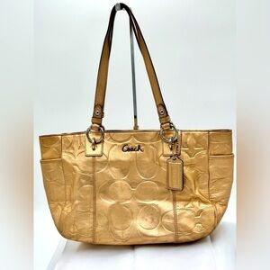 COACH EAST WEST GALLERY GOLD METALLIC EMBOSSED LEATHER TOTE SHOULDER‎ BAG F17727